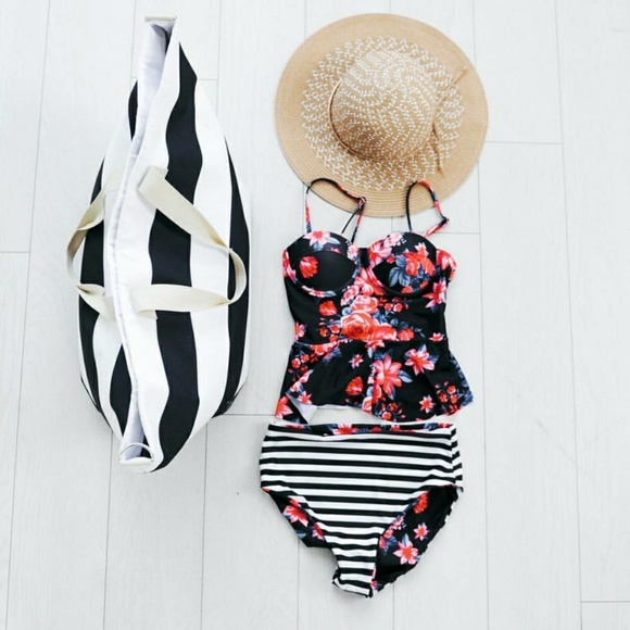 floral and striped bathing suit